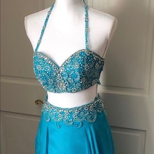 Turquoise two piece formal with beading.